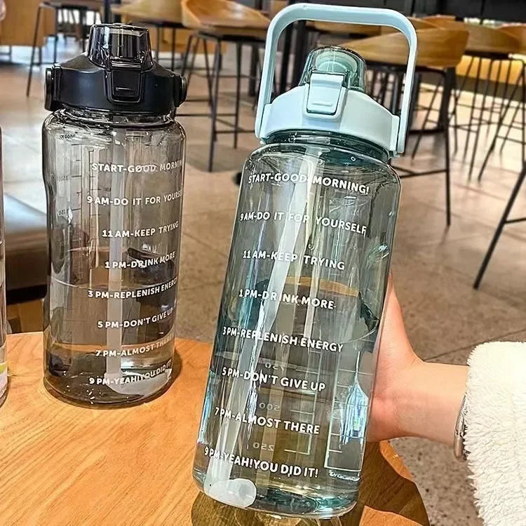 2 Liters Plastic Kettle Large Portable Travel Water Bottle with Straw Sports Fitness Cup High Value Big Fat Cup Adult Universal