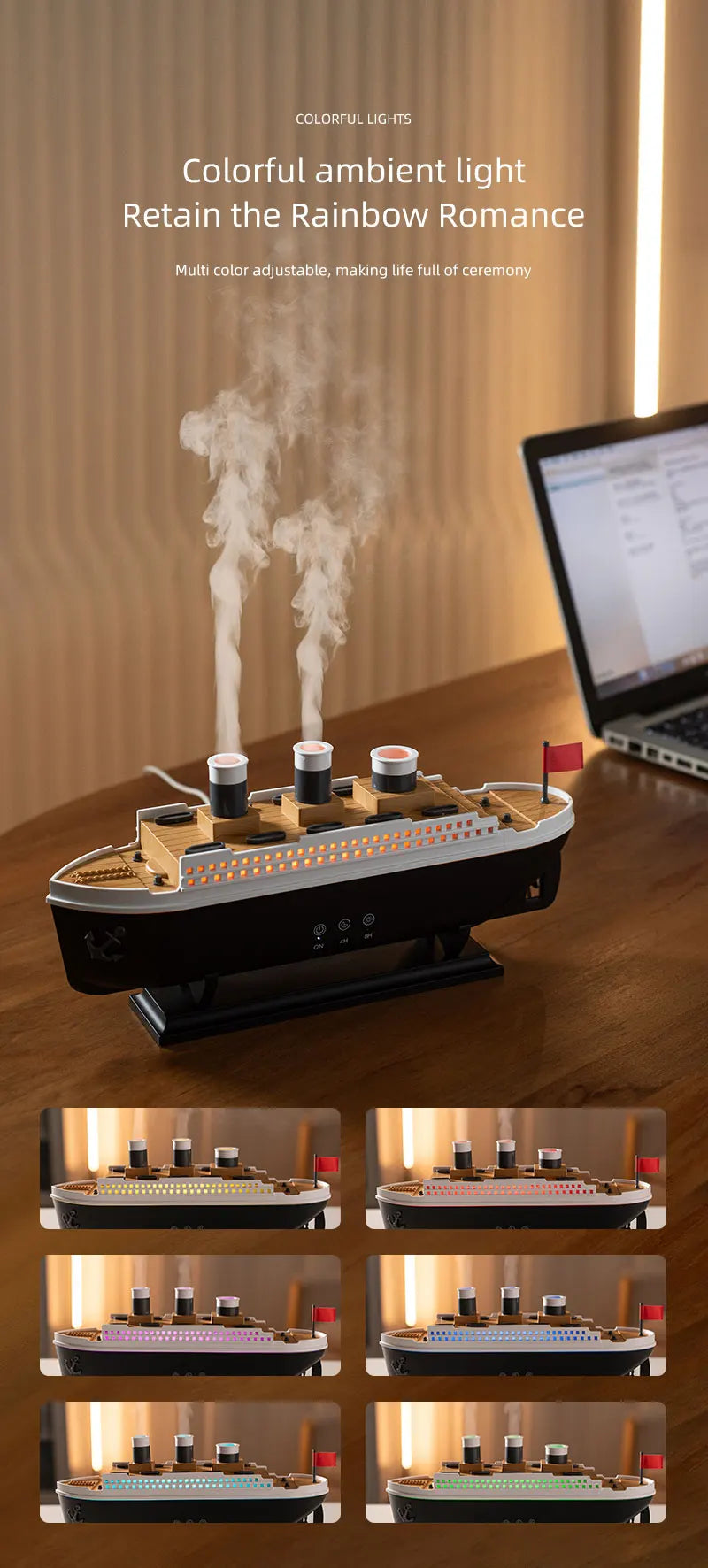 Titanic Ship Model Ultrasonic Air Humidifier Jellyfish Smoke Ring Spray Essential Oil Arome Diffuser 250ml Colorful Night Lights